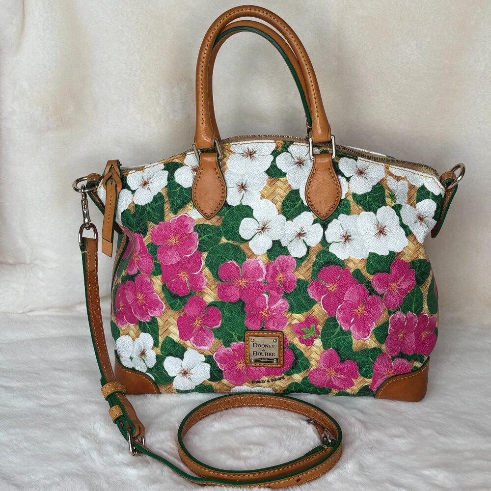 Dooney & Bourke Pink & White Pansy Flower Design With Basketweave Satchel